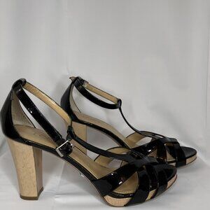 Ann Taylor Loft Black Patent Strappy Lacquered Wood  Heels Sandals Shoes 7 1/2